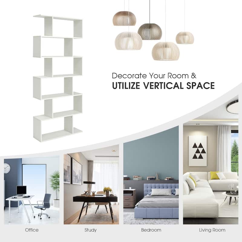 S-Shaped 6-Tier Freestanding Bookshelf with Open Storage Shelves for Living Room or Bedroom