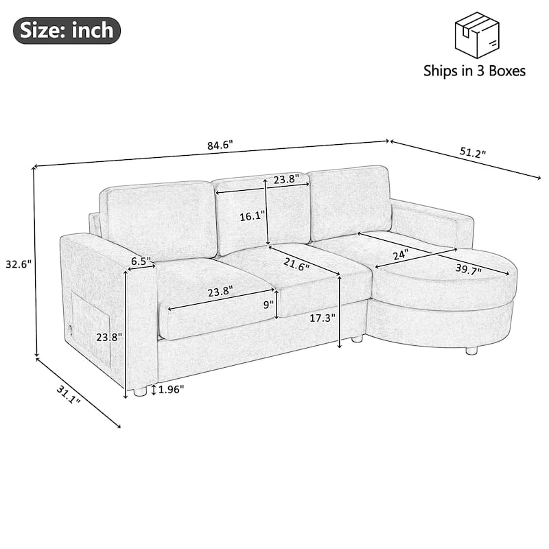 L-Shape Sectional Sofa with Curved Chaise Lounge, Chenille Fabric 3 Seater Sofa with USB Ports & Storage Pockets - Grey