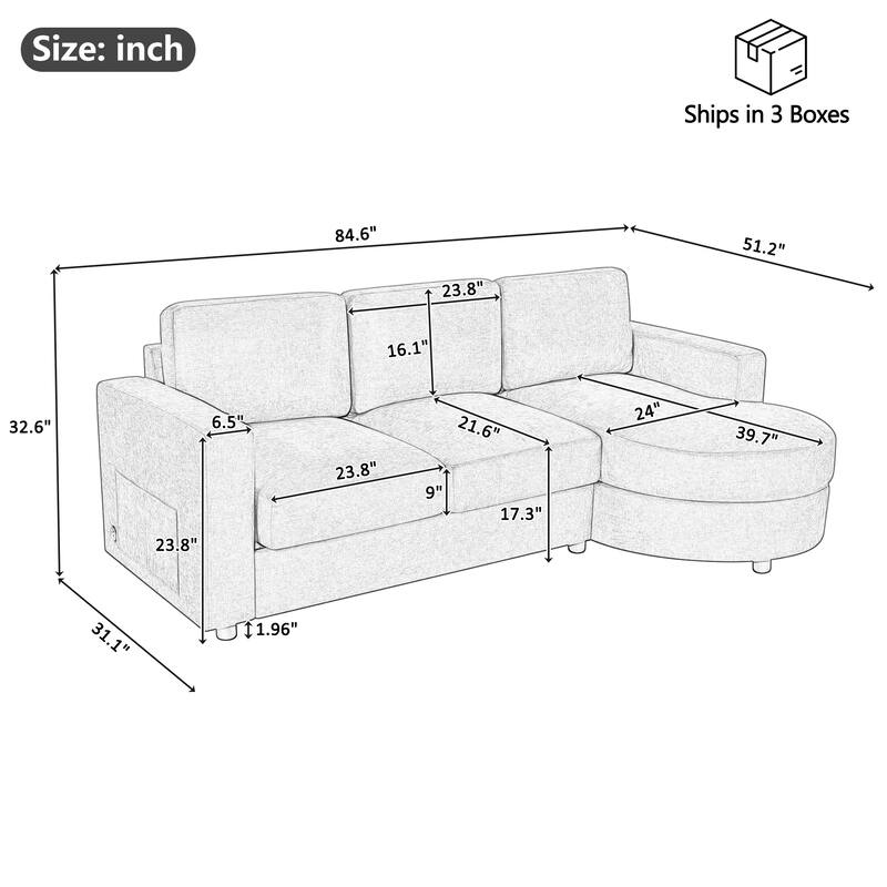 Living Room Chenille L-Shaped Sectional Sofa Set with Curved Chaise Lounge, USB Ports and Side Storage Pockets