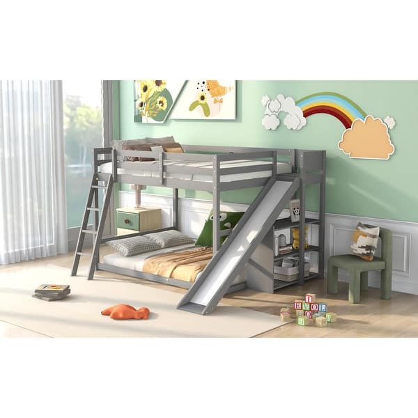 slide 2 of 13, Full over Full with Ladder, Multiple Shelves Under Slide, Low Bunk Bed Gray - Full