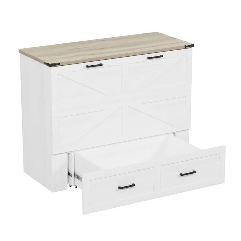Full Size Farmhouse Murphy Cabinet Bed with Charging Station, Foldable Platform Bed with Large Storage Drawer