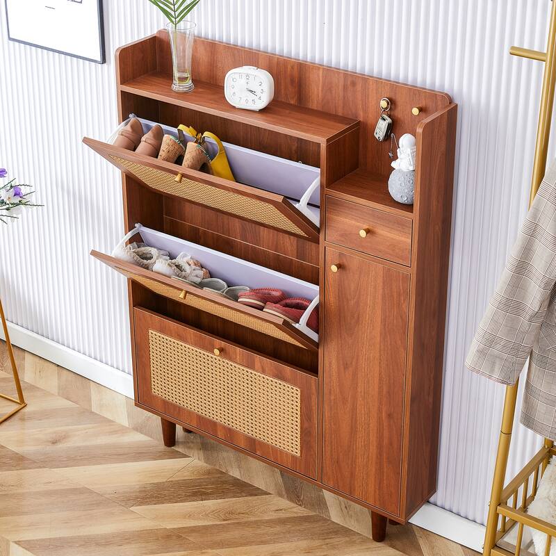 Shoe Cabinet with Rattan Doors, Entryway Slim Rattan Shoe Storage Cabinet with Flip Down Drawers & Shelves