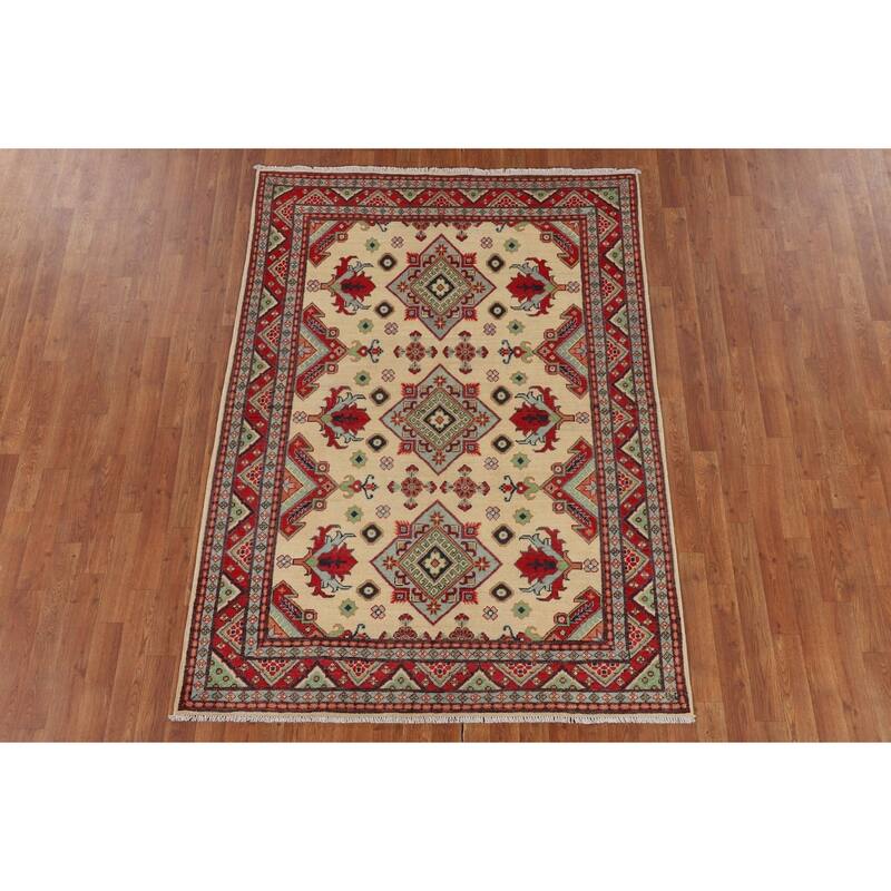 Beige Kazak Area Rug Handmade Oriental Wool Carpet - 4'9" x 6'7"