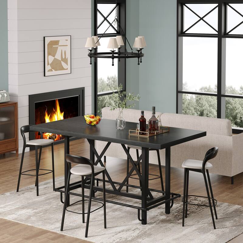 63" Long Wood Dining Table for 4-6 People, Farmhouse Dinner Table with Thick Tabletop, Kitchen Table with Footrest