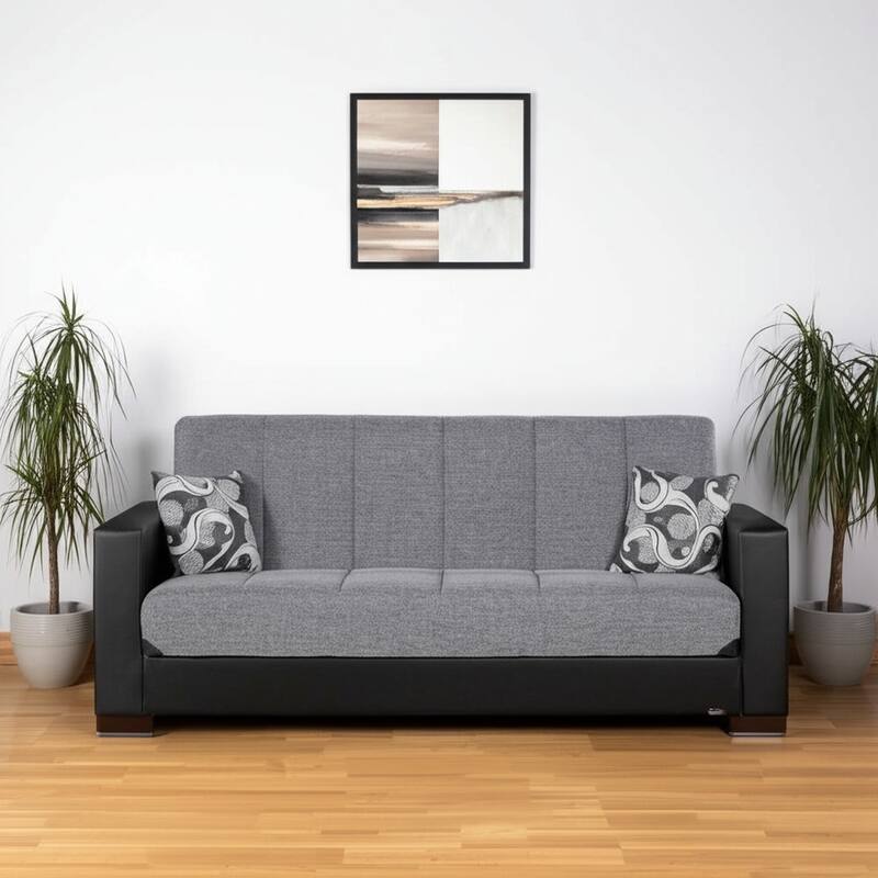 HomeRoots 87" Gray And Black Chenille And Faux Leather Convertible Futon Sleeper Sofa And Toss Pillows With Storage - Black/Gray