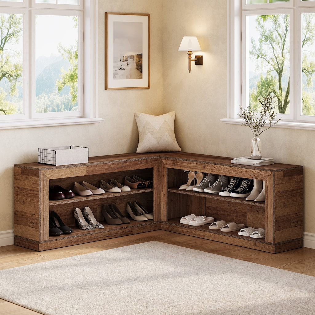Rustic Brown 2-Tier L-Shaped Shoe Bench Storage Cabinet