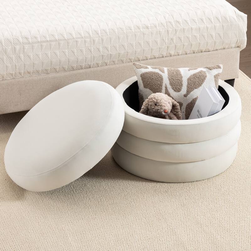 007-Velvet Fabric Storage Round Ottoman Footstool With Wooden Shelving