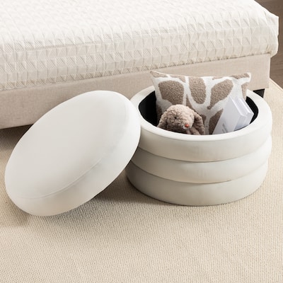 Velvet Fabric Storage Round Ottoman Footstool With Wooden Shelving,Ivory