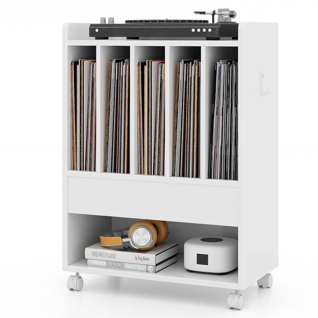 Gymax Record Player Stand on Wheels w/ Pull-out Drawer & Open Shelf