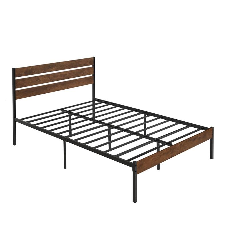 Wood Platform Bed Frame with Headboard and Metal Frame