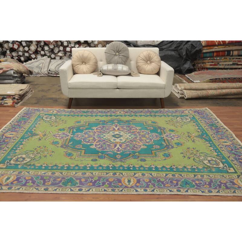 Hand Knotted Oriental 100% Wool Carpet Traditional Medallion Green Tabriz Area Rug - 9' 3'' X 6' 3''