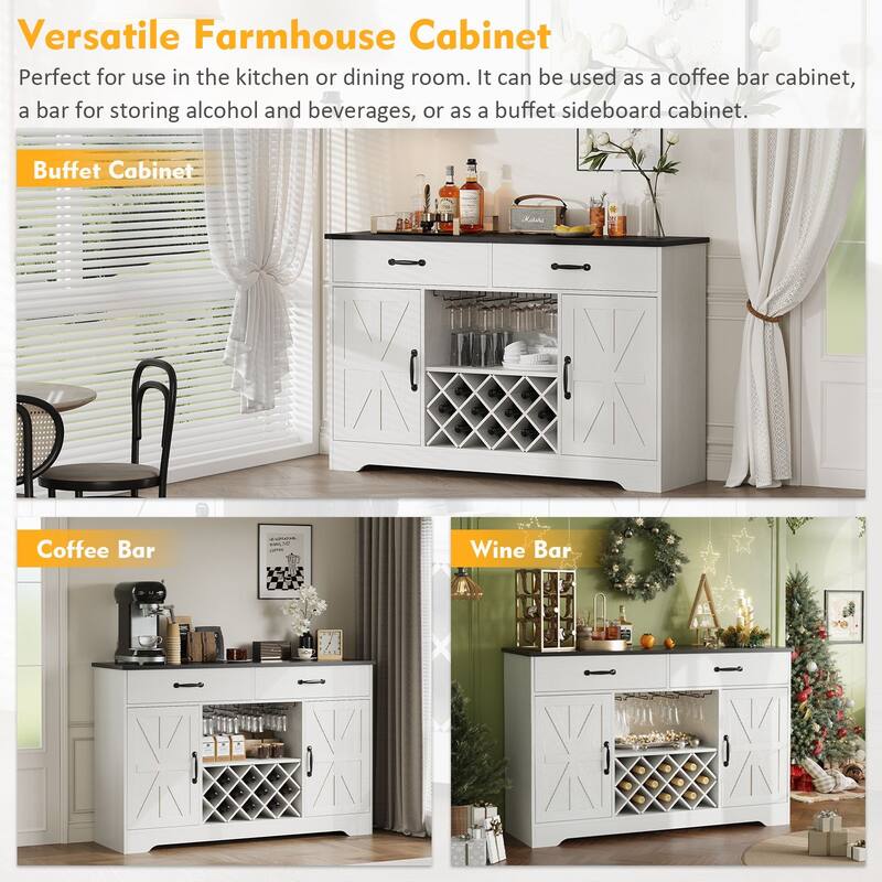 Gymojoy 55" Farmhouse Bar Cabinet with Wine Rack & Coffee Station, Rustic Storage for Dining Room, Kitchen, Living Room