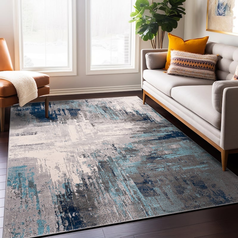 World Rug Gallery Bari Contemporary Abstract Art Area Rug - 5' x 7' - Blue - Runner/Rectangle