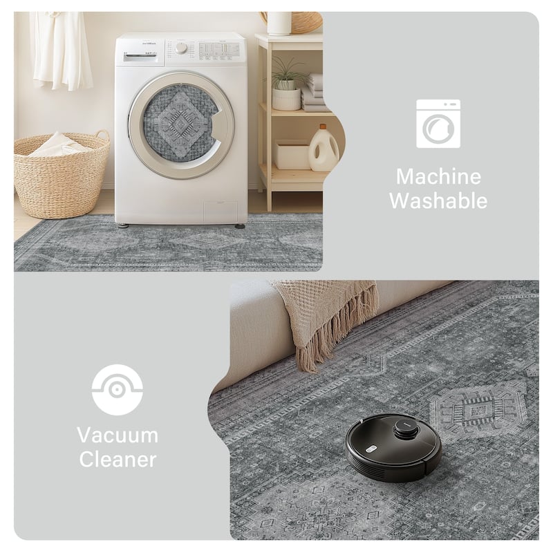 Mcow Faded Floral Vintage Low-Pile Machine Washable Non-Slip Area Rug