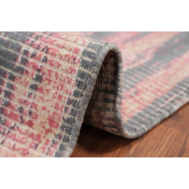 Hand Knotted Oriental Viscose Silk Carpet Modern All-Over Pink Abstract Area Rug - 4' 0'' X 2' 0''