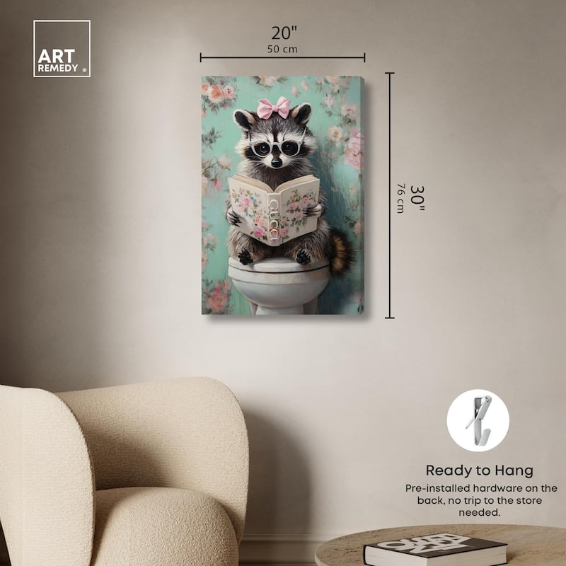 Petite Floral Toilet Raccoon Canvas by Art Remedy, Gallery Wrapped
