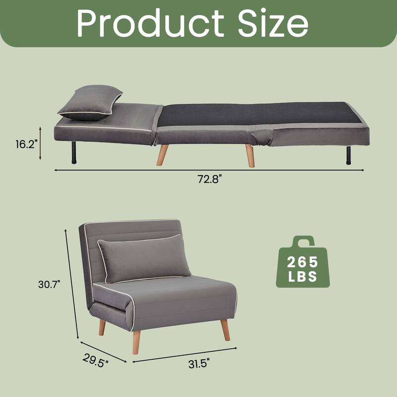 Modern Velvet Foldable Sofa Bed Piping 3 Position Backrest 10s Convert Grey Space Saving