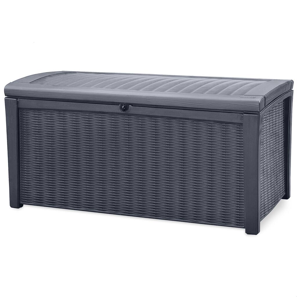 Keter Borneo 110 Gallon Rattan Wicker Resin Patio Deck Storage Box Bench, Grey - 39