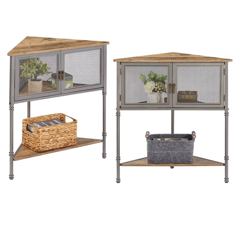 VECELO 3-Tier Corner Shelf with Storage Cabinet and Doors, Metal Frame Corner Cabinet - Set of 2 - Grey