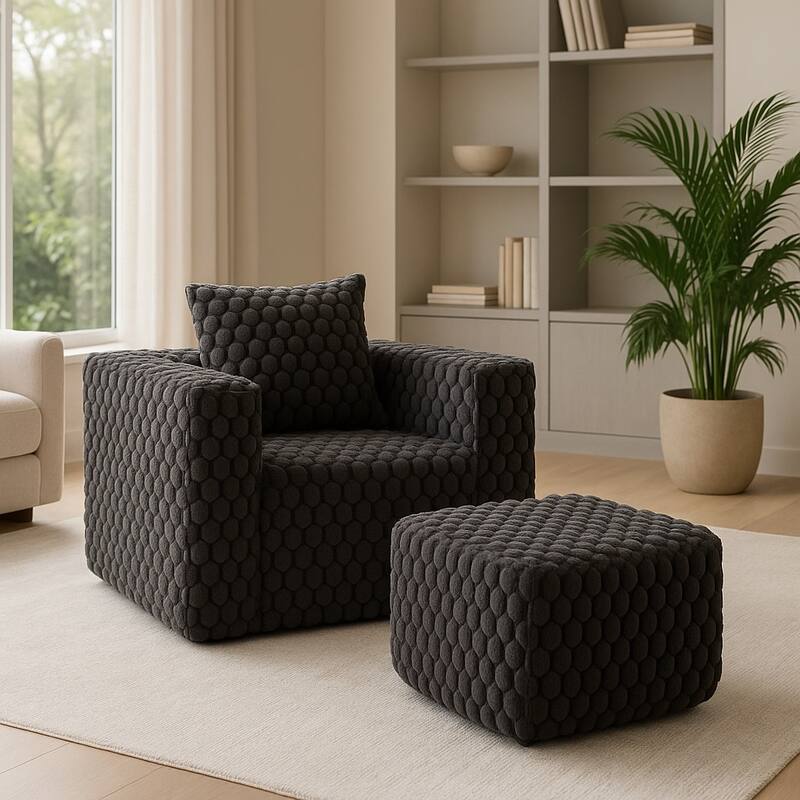 GDFStudio - Lingge Corduroy Compression Sofa with Ottoman- Modern White Lounge Seating for Cozy Living Spaces - Black