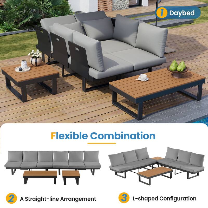 Outdoor Patio Conversation Sofa Set L-shape Sectional Sofa Set with Adjustable Reclining Seats, Coffee Table, Side Table