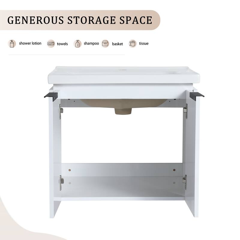 Wall Mounted Bathroom Vanity with Ceramic Basin, Soft Closing Doors, and Metal Handles for Modern Bathroom Storage