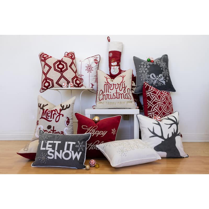 Let It Snow Embroidered Cotton Throw Pillow - 20x20" Gray Winter Accent Cushion with Insert