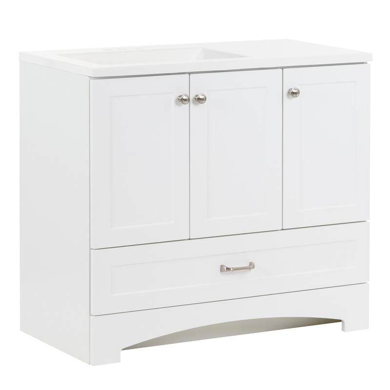 Spring Mill Cabinets Emlyn 36.5" Bathroom Vanity With Shelves, Drawer, and White Sink Top