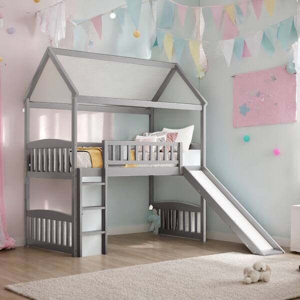 slide 2 of 39, Maximized Space Saving Twin Elegant Unique Design Loft Bed, House Bed with Slide,House Design Gray