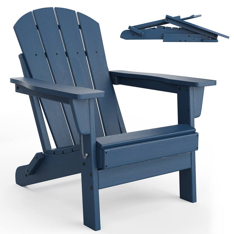 Folding Adirondack Chair, Outdoor Wooden Lounge Chair, Modern Lounger Adirondack Chair Ergonomic Extended Backrest - Navy