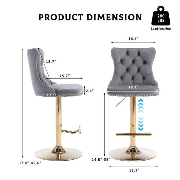 dimension image slide 15 of 16, Velvet Upholstered Nailheads Tufted Swivel Bar Stools (Set of 6)