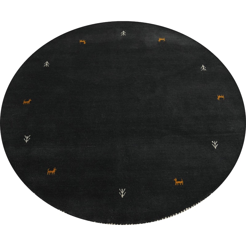 Tribal Gabbeh Oriental Round Rug, Hand-Knotted Black Wool Carpet - 4' 10'' X 4' 10''