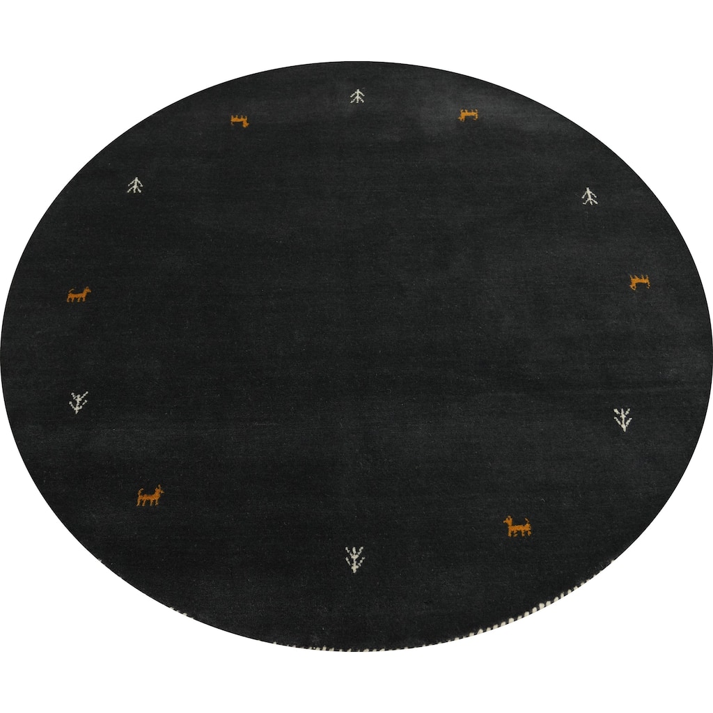 Tribal Gabbeh Oriental Round Rug, Hand-Knotted Black Wool Carpet - 4' 10'' X 4' 10''