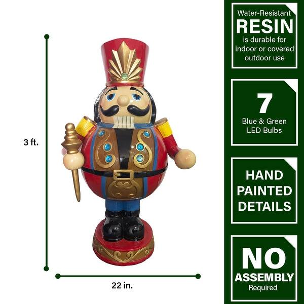 Fraser Hill Farm 3-Ft. Roly Poly Nutcracker Toy Soldier, Resin Staue w/ LED Lights, Christmas Decor, Red