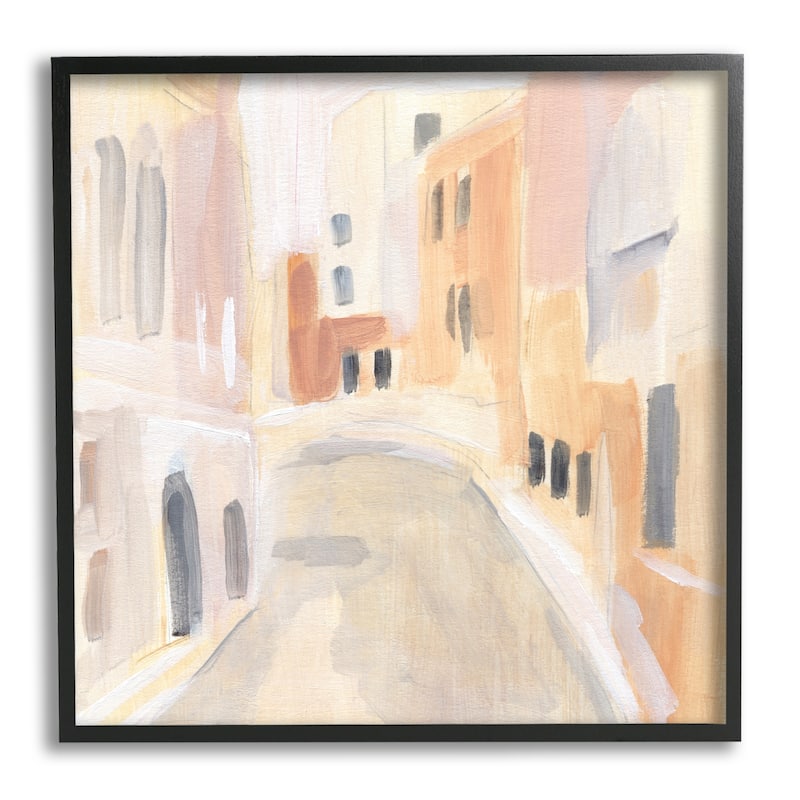 Stupell Soft City Pathway Delicate Coastal European Buildings Framed Wall Art - Yellow - 17 x 17 - Black