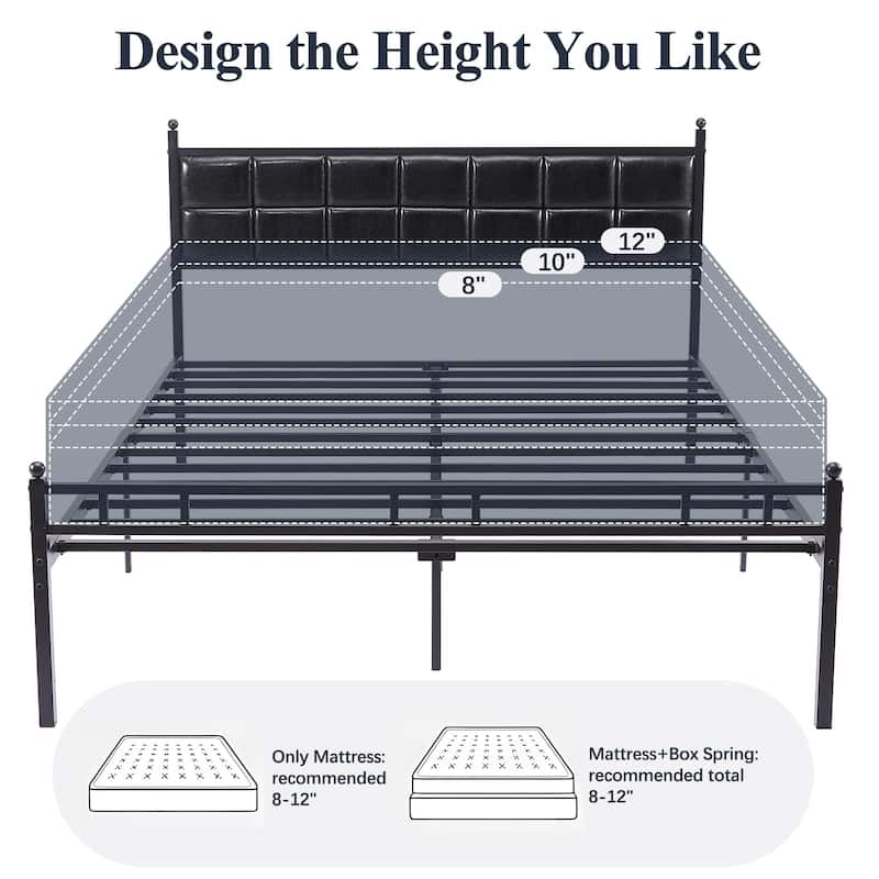 Javlergo Metal Platform Bed Frame Black PU Leather Square Tufted Bed Heavy-Duty Metal Bed Frame No Box Spring Needed
