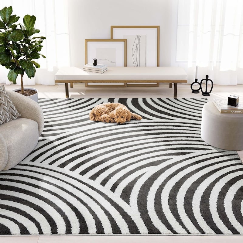 Abani Rugs Nomad Collection NOM160 Linear Curves Area Rug - 7'9" x 10'2" - Cream, Black