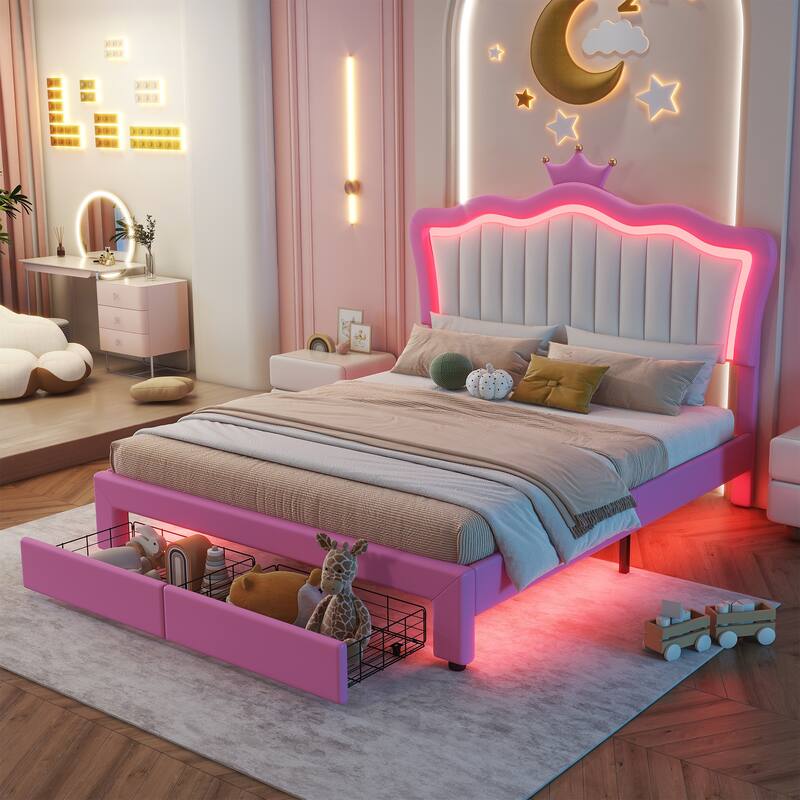 Full Size Upholstered Bed Frame with LED Lights, Crown Headboard, 2 Drawers, Pink+White - Pink+White