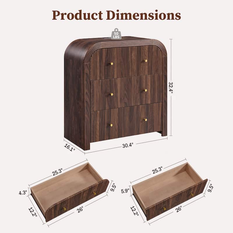 Modern Fluted 3 Drawers Dresser, Rounded Corner Chest of Drawers