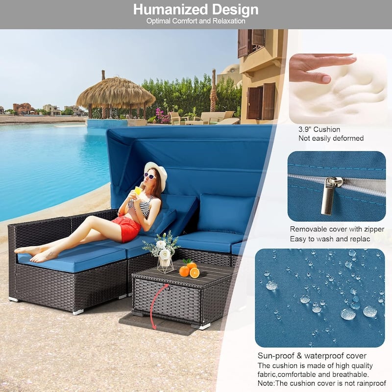 EROMMY 6-Piece Patio Furniture Set, Rattan Daybed with Canopy and Adjustable Backrest