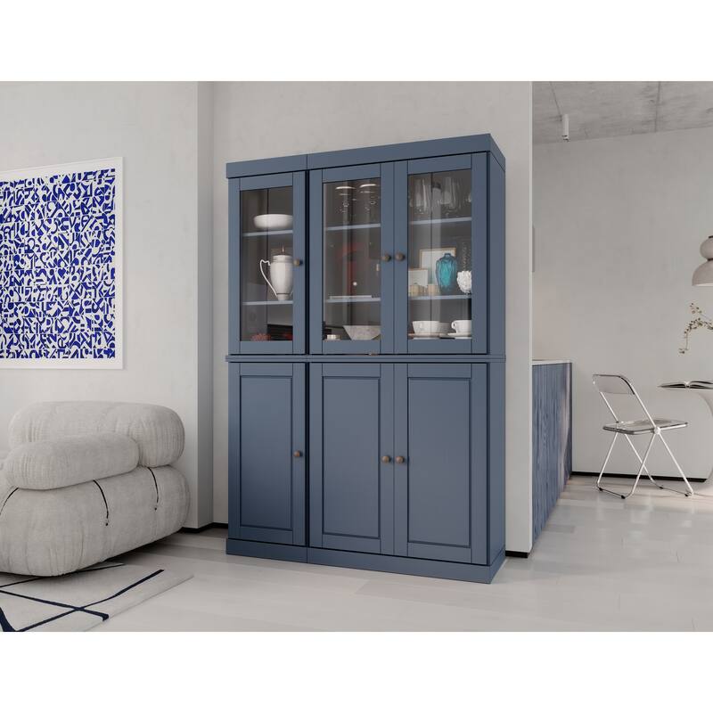 Palace Imports 100% Solid Wood Pantry China Cabinet, Raised Panel & Clear Glass Doors, 48.5" Wide, 71.5" Tall - 48.5" x 71.5" - Antique Blue