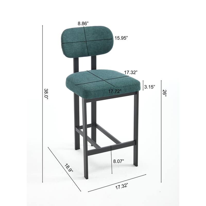 Bar Stools Set of 2, 26 inch Upholstered Fabric Counter Height Barstools, Kitchen Island Chairs with Black Metal Legs