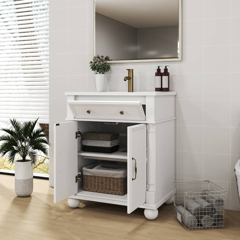 28"/36" Bathroom Vanity with Sink, Integrated Ceramic Basin Vanity Cabinet with Roman Column Base, Solid Wood Frame