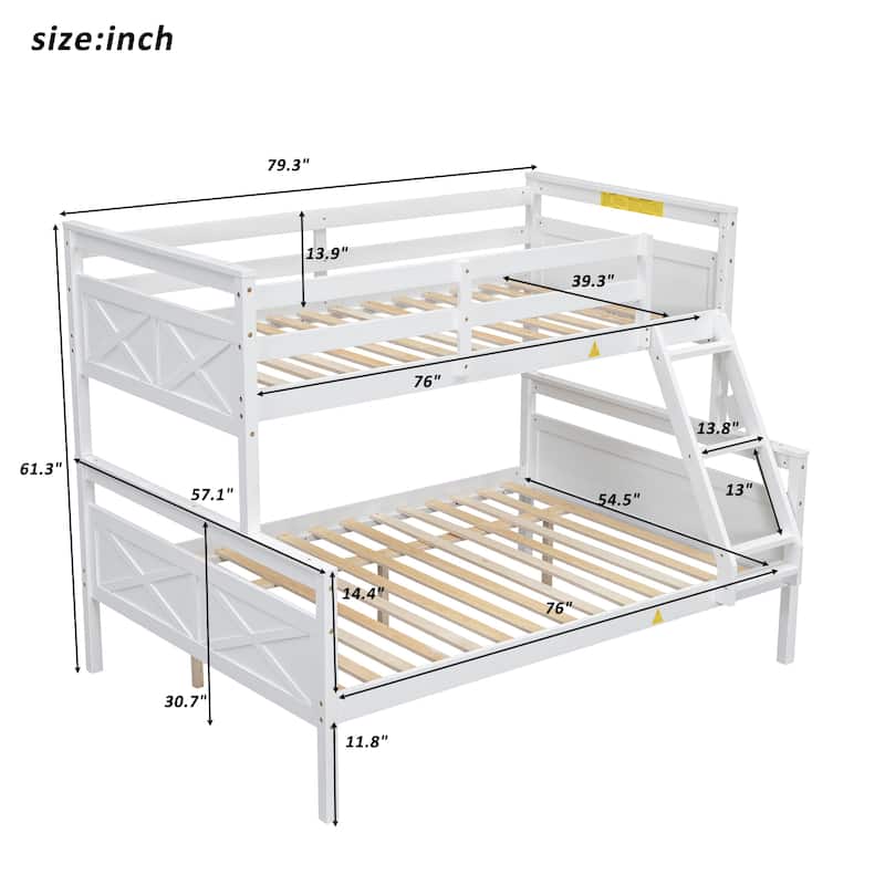White Twin over Full Size Pine Wood Bunk Bed with ladder, Safety Guardrail, Perfect for Bedroom