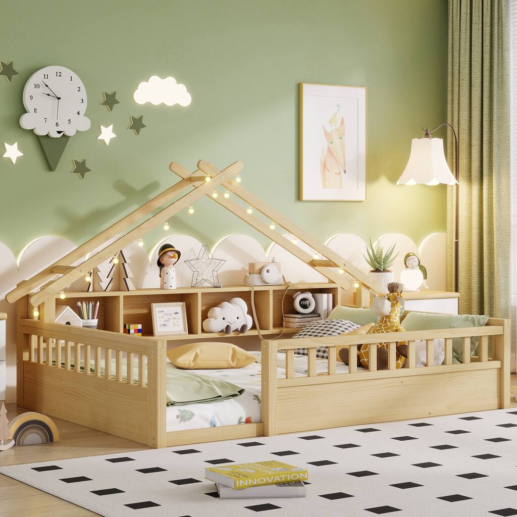 Twin/Full Floor Bed with Storage Bookshelves & Roof Shape for Kids