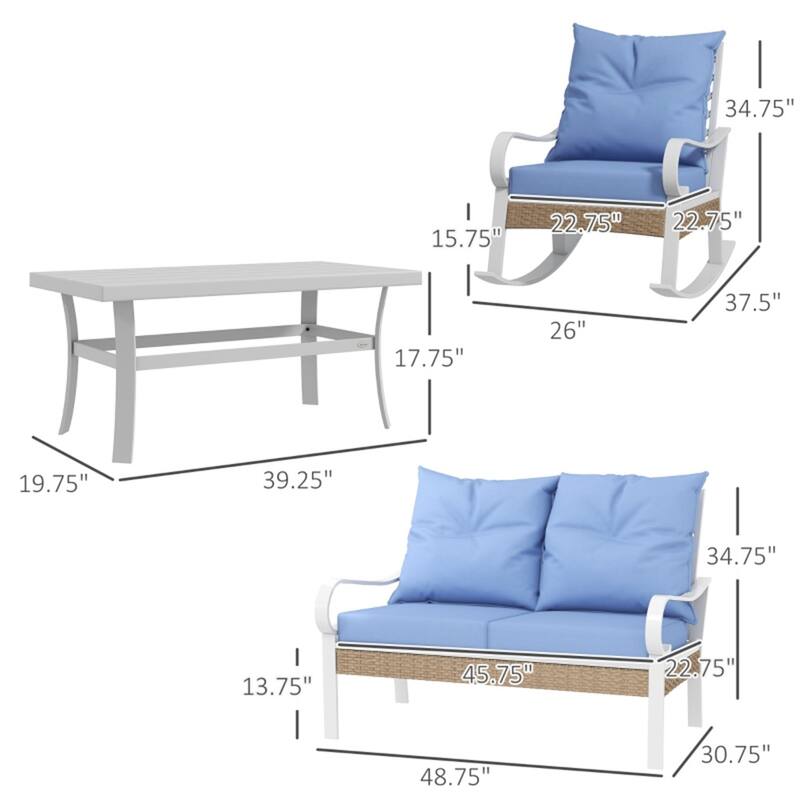 4-Piece Outdoor Patio Furniture Set PE Rattan Rocking Chairs Loveseat and Coffee Table with Cushions for Garden Balcony Deck