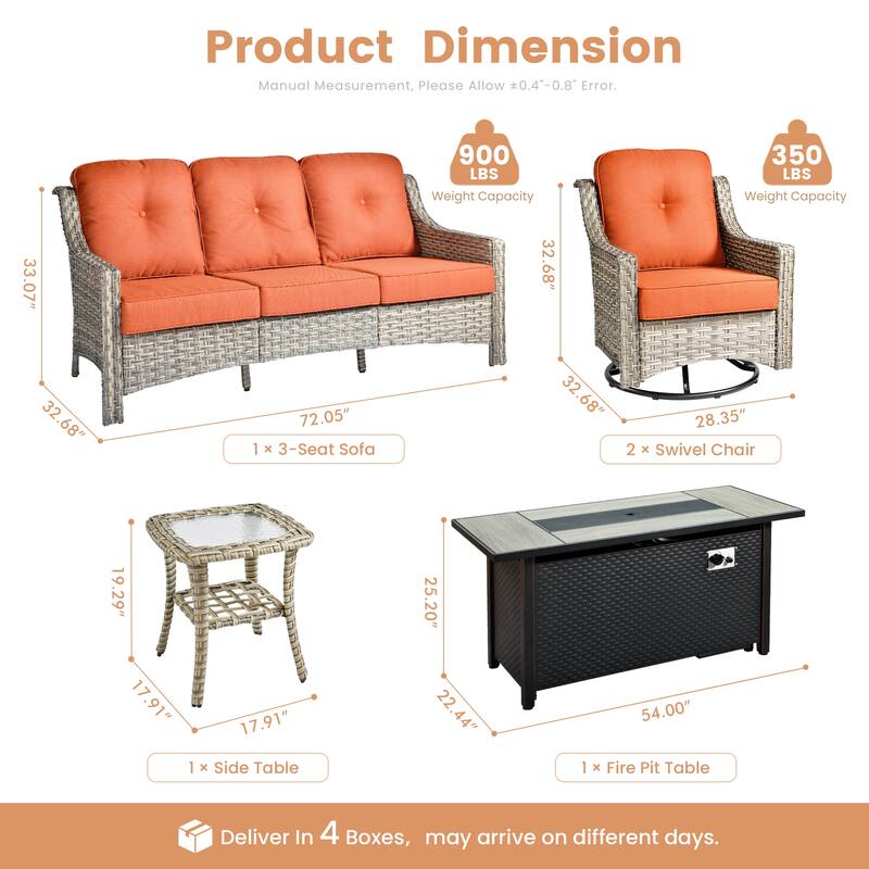 XIZZI 5-Piece Wicker Patio Furniture Set with Sofa, Swivel Chairs & Fire Pit