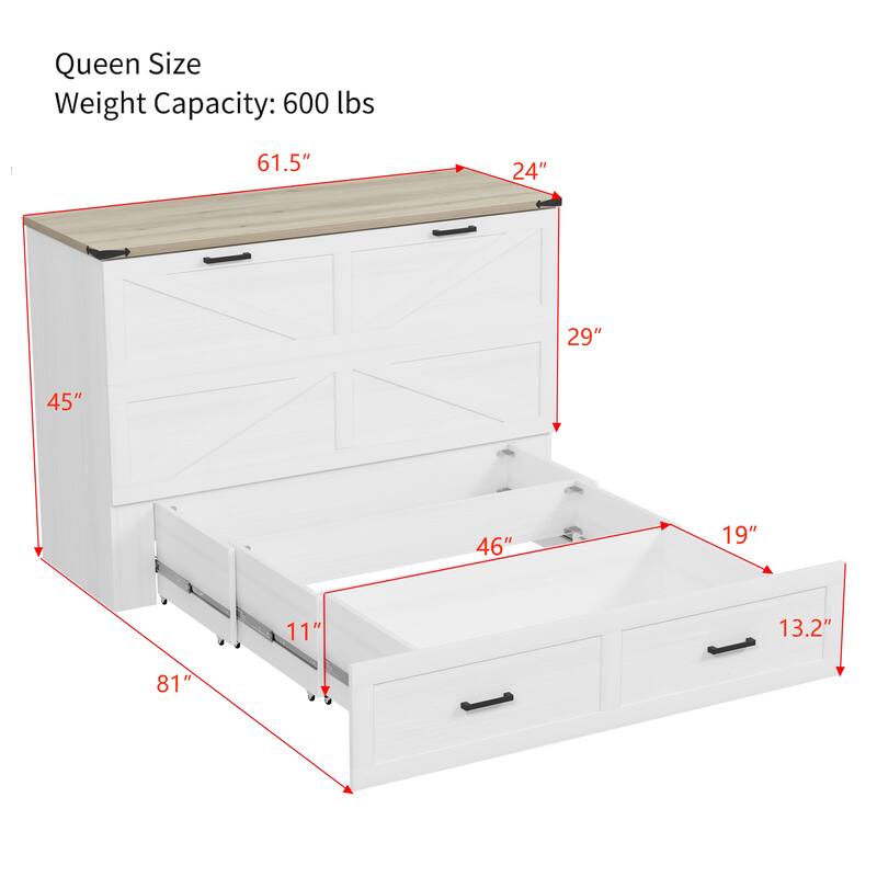 Full/Queen Size Pull Out Murphy Bed Frame, Wood Foldable Platform Cabinet Bed with Charging Station and Large Storage Drawers
