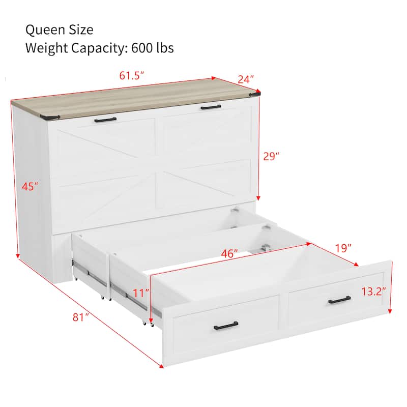 Wooden Foldable Murphy Cabinet Bed Platform Bed Bottom Large Storage Drawer Side with Outlets and USB Ports