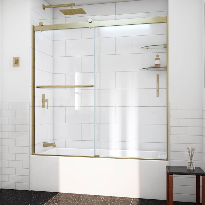 DreamLine Sapphire-V 56 - 60 in. W x 62 in. H Bypass Tub Door in Brushed Gold and Clear Glass